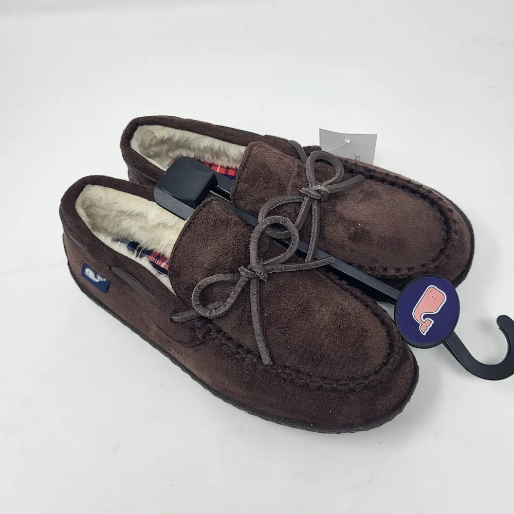 Vineyard Vines Boys Size 4 Peak Plaid Moccasin Slippers Brown‎ Suede Lined